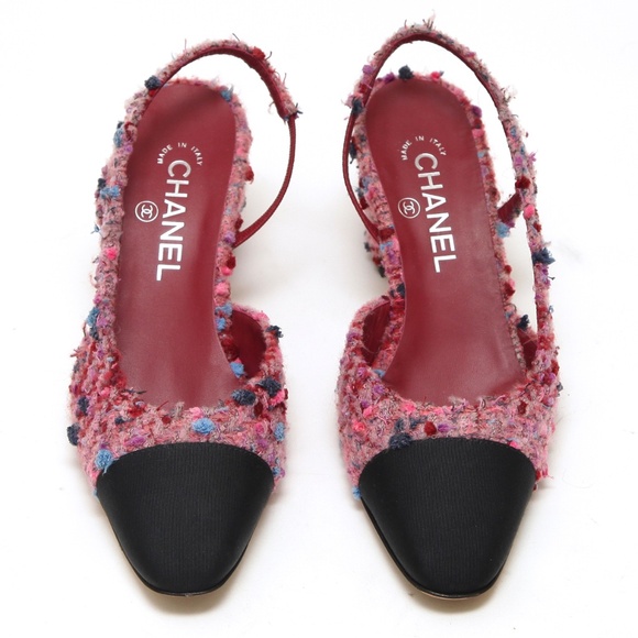 CHANEL Tweed Slingbacks Pumps Leather Pink Black Grosgrain Cap Toe Heels Sz 38C - Picture 5 of 11